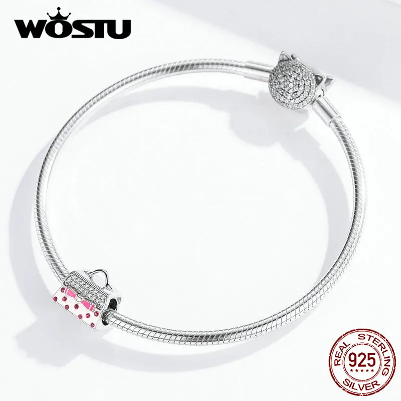 WOSTU модная 925 пробы Серебряная ручная сумка бусины розовый циркон Подвески с бантиком подходит браслет кулон девушки ювелирные изделия FIC1391