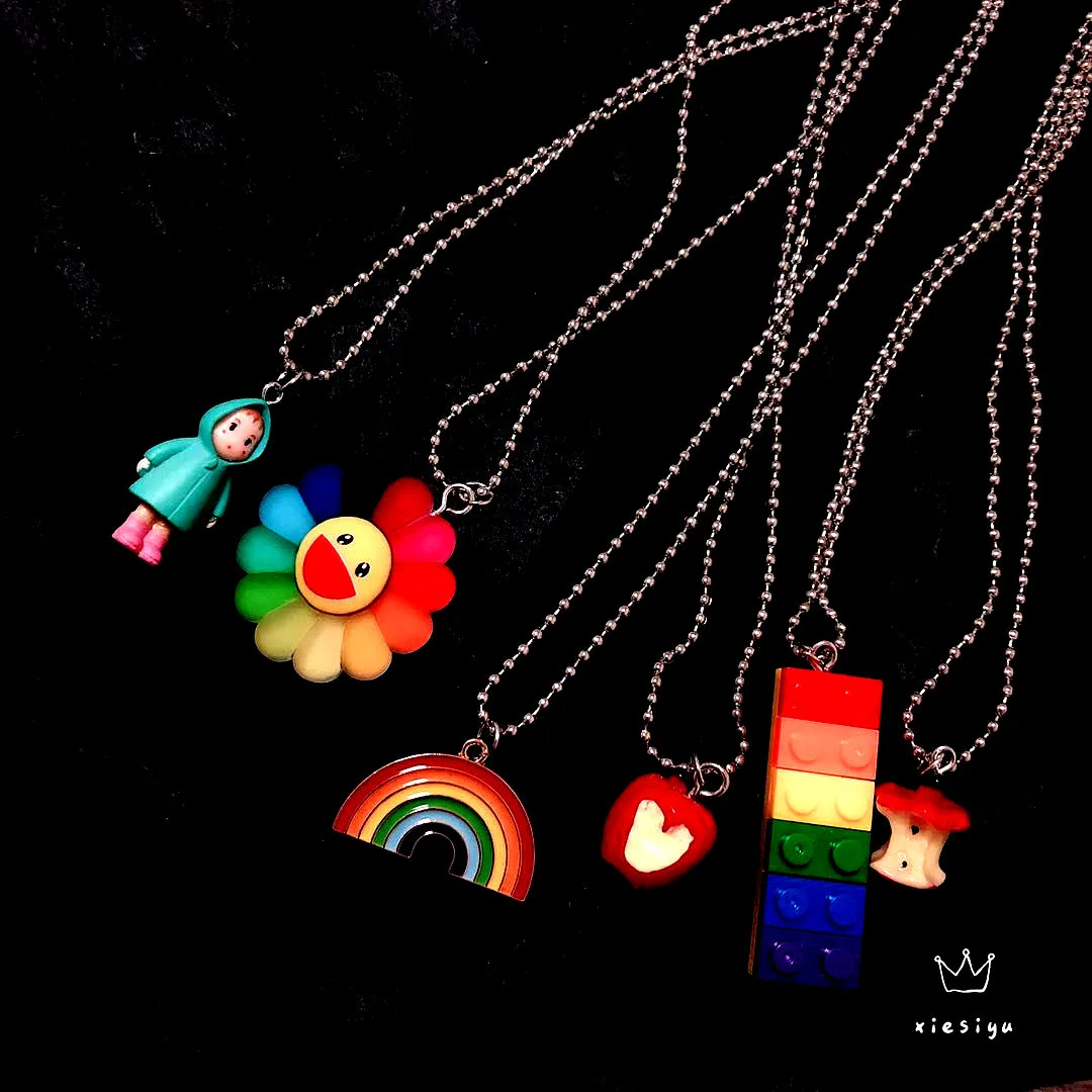 Collar estilo Harajuku de resina de arcoíris Y2k para niñas y niños, cadena de bolas, joyería para muñecas de estilo coreano
