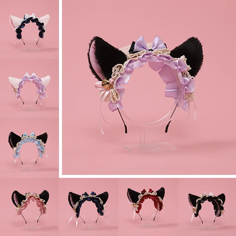 

Christmas Anime Lolita Cosplay Animal Headband Cute Plush Cat Ears Lace Ribbon Bowknot Bell Hair Hoop Masquerade Headpiece