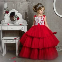 pageant red dress for kids wear ball gown tank handmade flowers tiered tulle toddler long flower girls dress for wedding