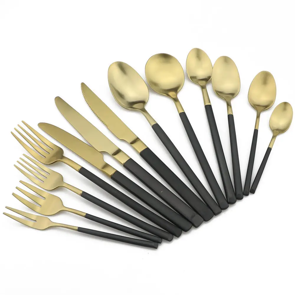 Набор столовых приборов из матовой нержавеющей стали с золотой и черной ручкой