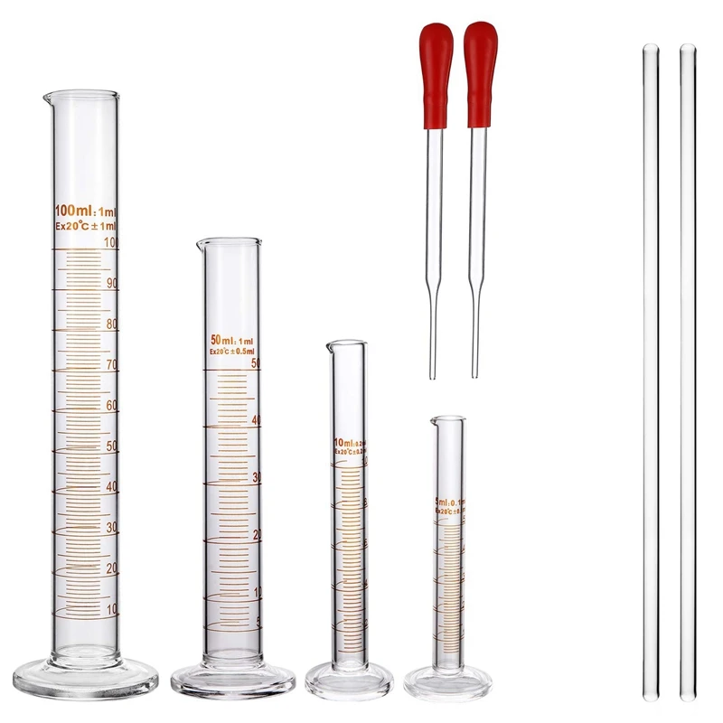 Glass Graduated Cylinder Set - 100 Ml 50 10 5 Measuring with 2 Stirring Rods Droppers Borosilic |