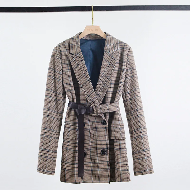 

HarleyFashion Women's Wear Fall 2020 New Belt With Waist Closed Thin Retro Style Casual Plaid Blazer Jacket