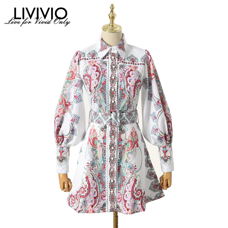 [LIVIVIO] винтажное мини-платье с цветочным принтом и длинным рукавом, женское платье с поясом и талией, осенняя одежда для женщин, модная