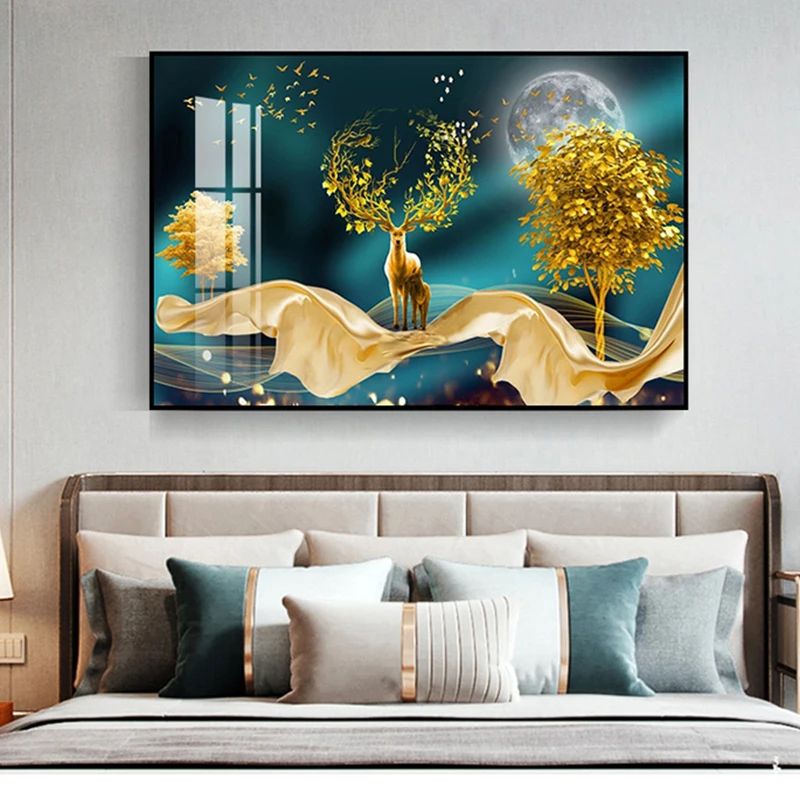 

Modern Landscape Canvas Paintings Black Yellow Stone Boat Deer Wall Art Pictures Nordic Posters and Prints for Home Decoration