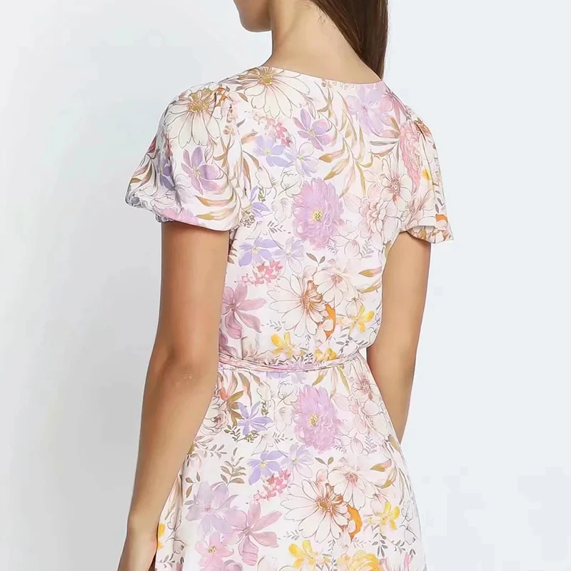 Mini robe en mousseline de soie, imprimé Floral, taille haute, manches courtes, plage, Vintage, TRF