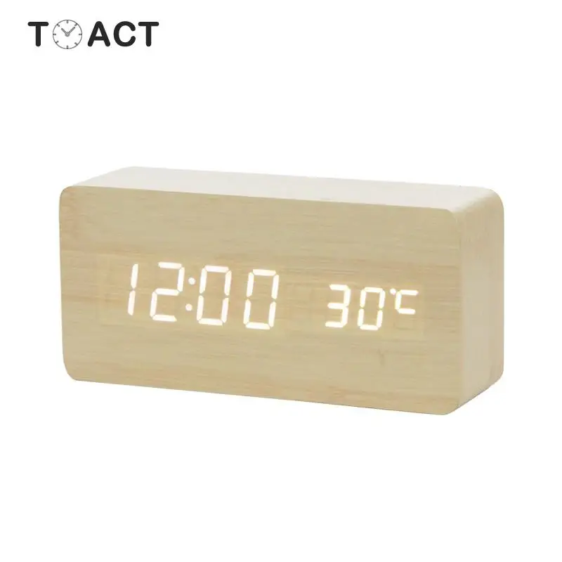 Светодиодный Деревянный цифровой будильник ночник Дисплей температура стол Clockes