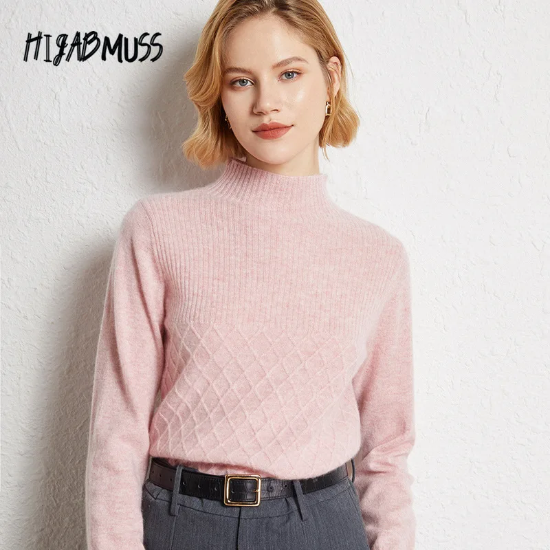 

Ladies New Autumn And Winter 2021 Casual Knit Sweater Wool Sweater Cashmere Sweater Half High Collar Loose Women Sweater
