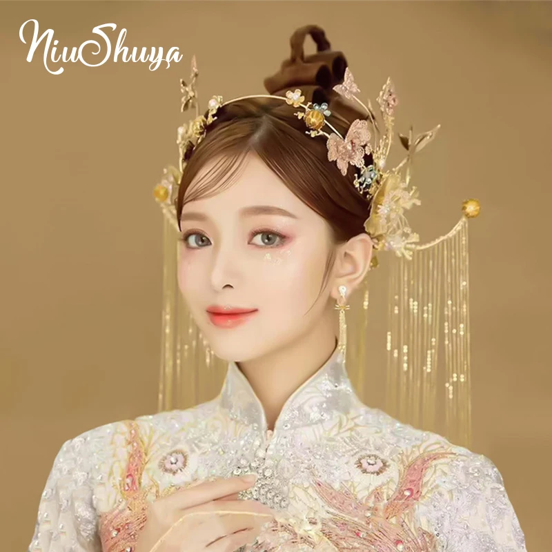 

NiuShuya винтажный Китайский Свадебный головной убор ручной работы украшения для волос ретро лента для волос с кисточкой аксессуары для костюм...