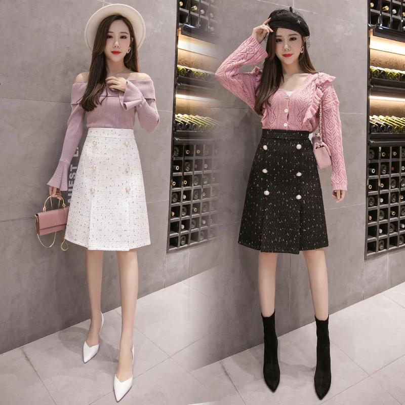 

Office Double Breasted Vintage Package Hip skirt Female 2020 New Autumn And Winter Tweed Women's skirt elegant