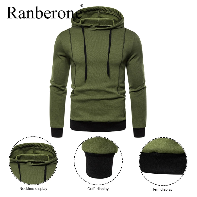 Однотонный Свитшот Ranberone спортивные костюмы мужские толстовки с капюшоном