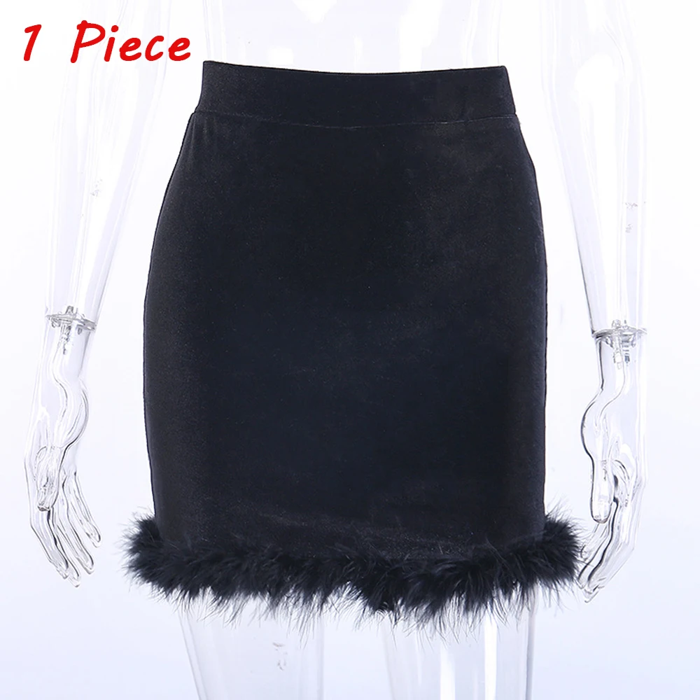 Skirts Женский черный меховой костюм из 2 предметов, комплект с милыми перьями, рубашки с длинным рукавом и открытыми плечами, высокая талия, посылка, юбки, комплект из двух предметов для вечеринки - Цвет: Skirts