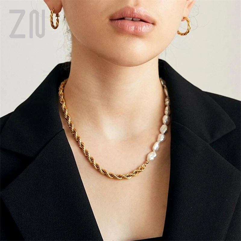 

ZN Natural Freshwater Pearls Faceted Instruction Cable Chain Chokers Necklaces for Women Street Style Necklace Jewelry