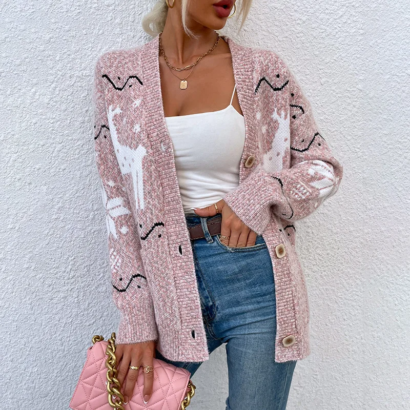 

Women's Pink Christmas Fawn Knitted Button Cardigan Sweater Jacket 2021 Fall Winter Fashion Thicken Warm Harajuku Office Lady