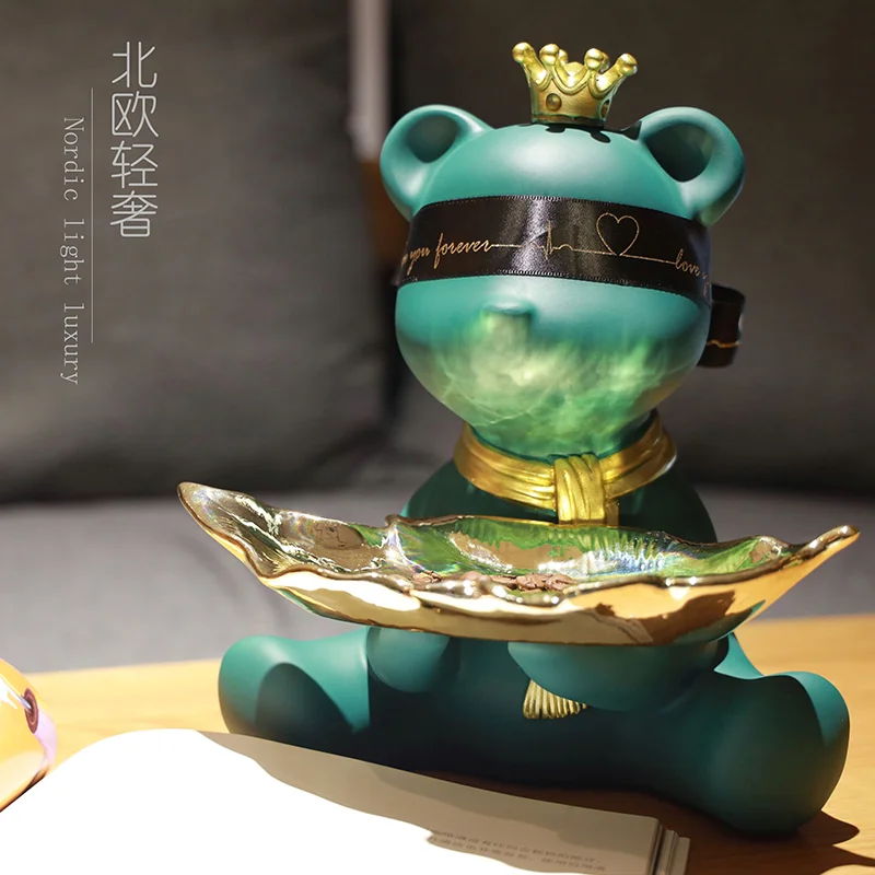 

2022 Cute Bear Statue Neat Bear Statue With Metal Tray To Store Keys Candy Fruit Home Decorations Dining Table Room Decorations