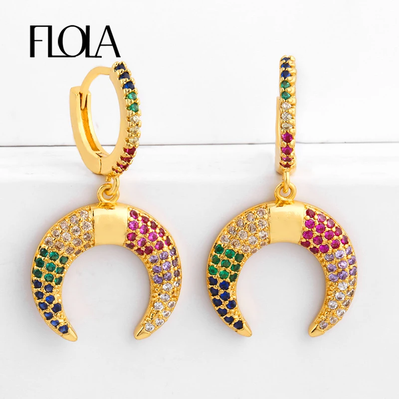 Женские серьги гвоздики с рожком FLOLA радужным цирконием и полумесяцем золотым