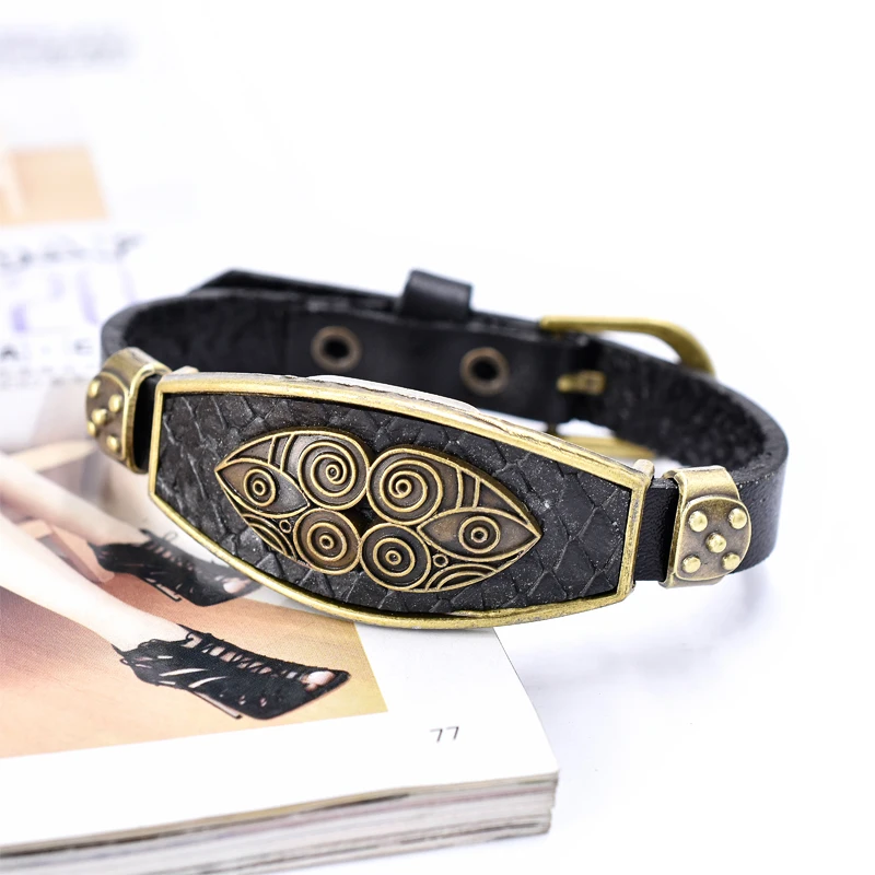 

Vintage Unisex Genuine Leather Bracelet Metal Black Hand Woven Beaded Charm Men's Leather Bracelet Wristband