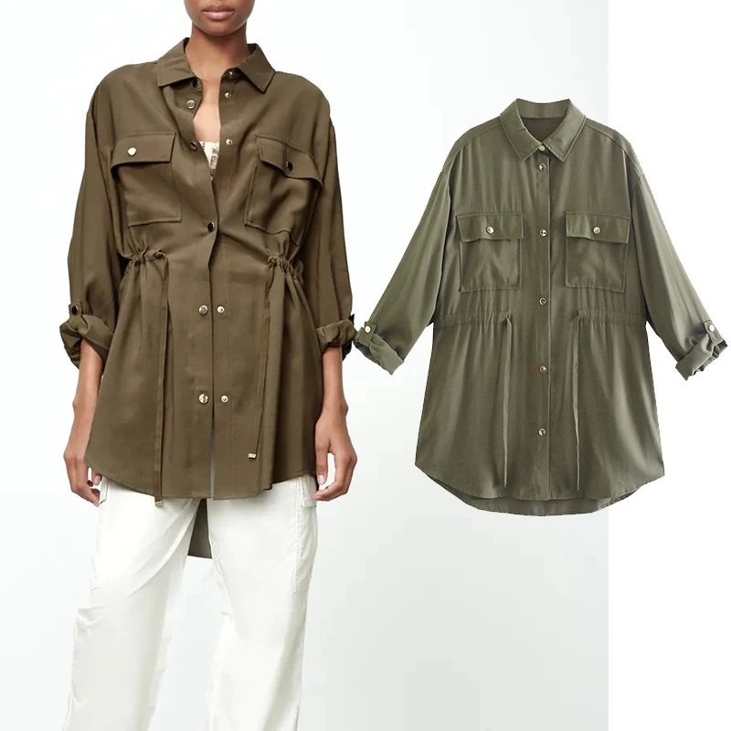 

Женская длинная куртка на пуговицах Za, винтажная блузка с карманами и длинным рукавом, уличная одежда, лето 2021