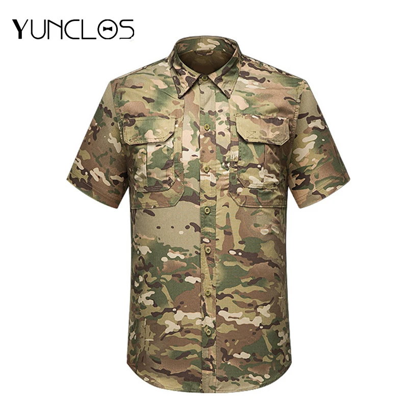 

YUNCLOS Для мужчин, камуфляжные рубашки для мальчиков короткий рукав летние рубашки для девочек камуфляжная Верхняя одежда со стоячим воротни...