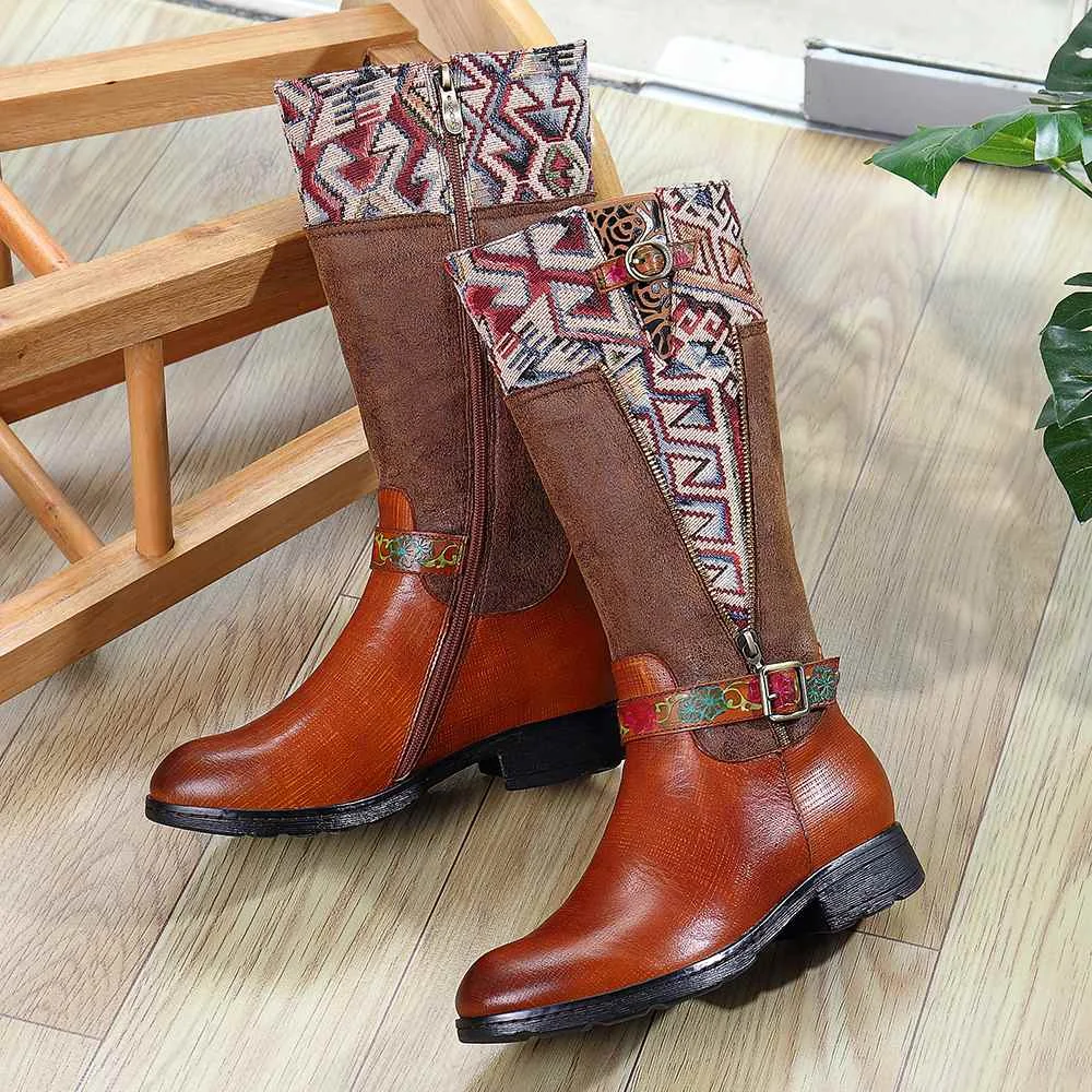 SOCOFY Botas mujer; ботинки из натуральной кожи с квадратным узором; ботинки до середины икры на мягкой плоской подошве; обувь на каблуке; женская зимняя обувь