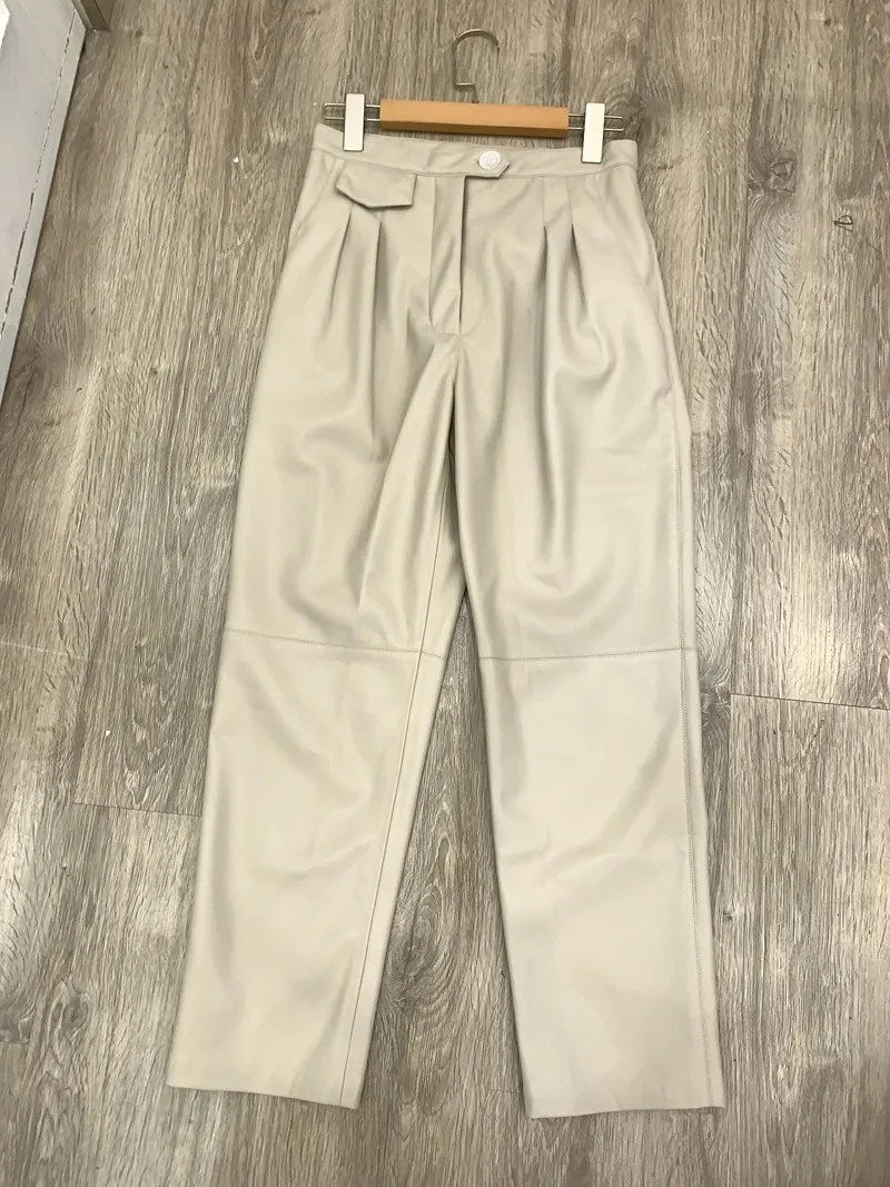 

New Women's Long Tobacco Pants High Waist Imitation Leather Office Lady Straight Trousers