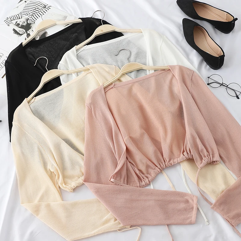 

Korean Bandage Drawstring Cardigan Women Summer Shawl Fresh Shirt Top Women Short Coat Crop Tops