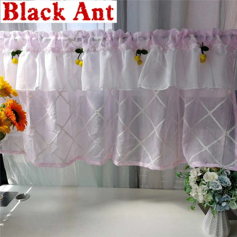 

Korean Cute Cherry Short Curtain For Kitchen Half Voile Sheer Small Cafe Cabinet Geometric Valance Bay Window Panels DL-WP054F