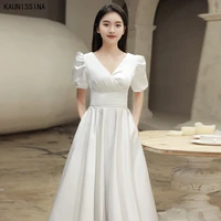 kaunissina white graduation dresses short sleeves solid pleated satin homecoming dress simple formal party gowns prom vestidos