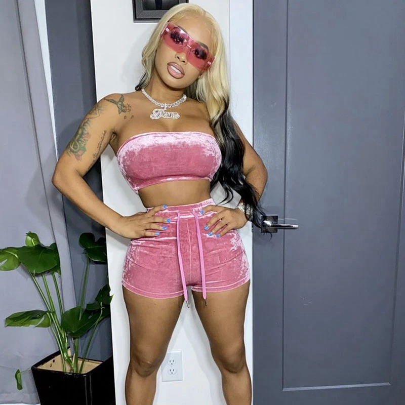 

Co Ord Set Women Tracksuit Velvet Two Piece Set Shorts and Crop Top Casual Set 2 Piece Biker Short Set Women Club Outfits