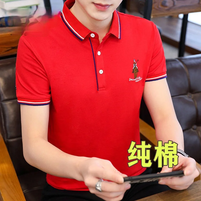 

Fashion versatile embroidery t-shirt men's shirt Korean polo shirt summer Lapel fashion short sleeve t-shirt men's shirt