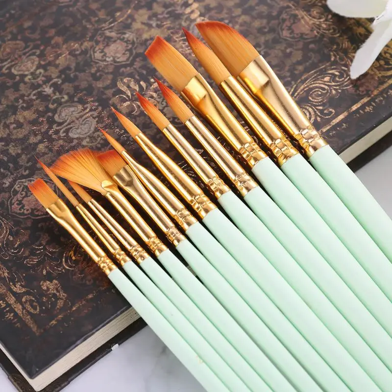 

12 Pcs Artist Paint Brush Set Nylon Hair Watercolor Acrylic Oil Painting Supply N7MA