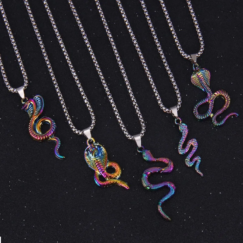 

Rainbow Snake Python Colorful Necklace Pendant Chain Gothic Stainless Steel Jewelry Vacation Grunge Kpop Free Shipping Items