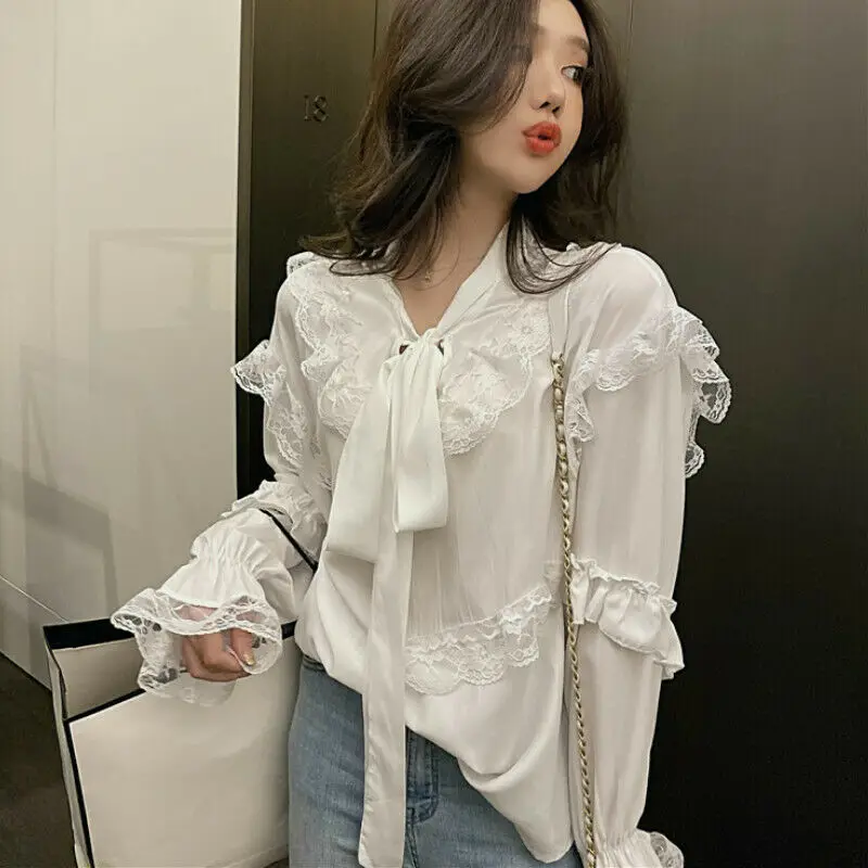 

Women Chiffon Lace Shirt Blouse Pullover Loose Ruffle Flare Long Sleeve Tops