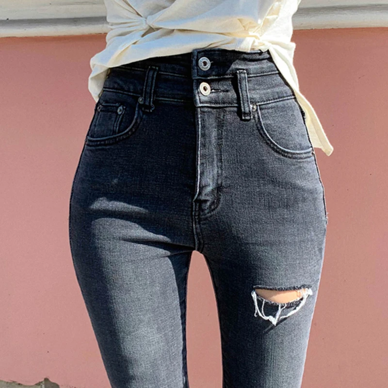 

BornSra 2020 Spring Autumn Two Buttons Women Ripped Trousers High Waist Slim Pencil Jeans Female Denim Jeans Stretch Long Pants