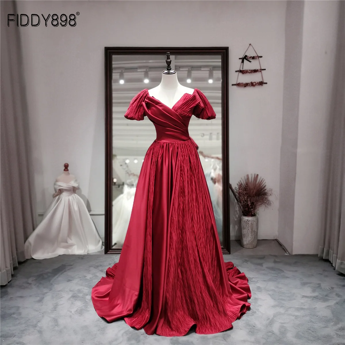 

Elegant Burgundy Short Sleeves Evening Dresses Long Prom Dress Formal Wedding Party Gown for Women Vestidos Formales