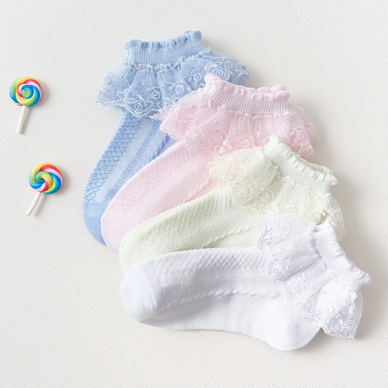Calcetines de moda de verano para ni&ntilde;os, medias de algod&oacute;n con volantes para beb&eacute;s, bonitos, de dise&ntilde;ador, de encaje, color blanco y rosa-3
