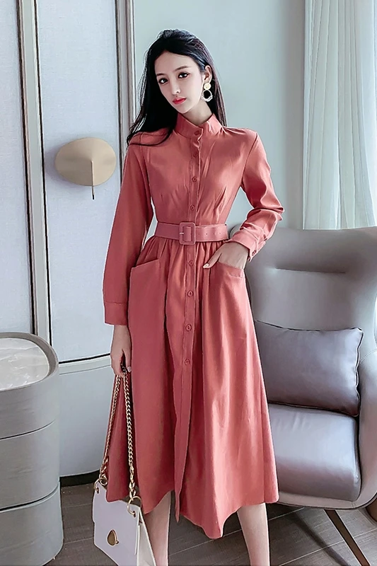 

COIGARSAM French Style Full Sleeve Women dress New Spring Vintage High Waist Dresses Embroidered Red 3557