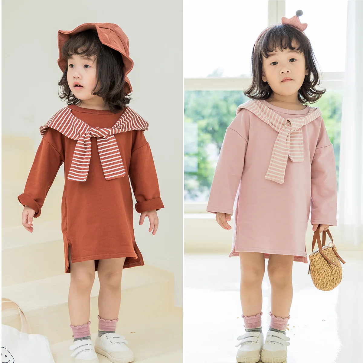 

Newborn Baby Girls Dress Stripe Splicing Korean Long Sleeves Kids Dresses for Girls Autumn New Arrival Cotton Toddler Clothing
