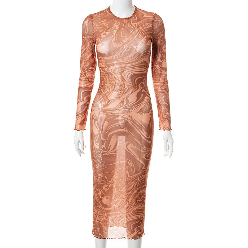 

CNYISHE Print O-Neck Long Sleeve Sheath Maxi Dress Women Fashion Streetwear Summer Sundress Sexy Party Mesh See Through Dresses