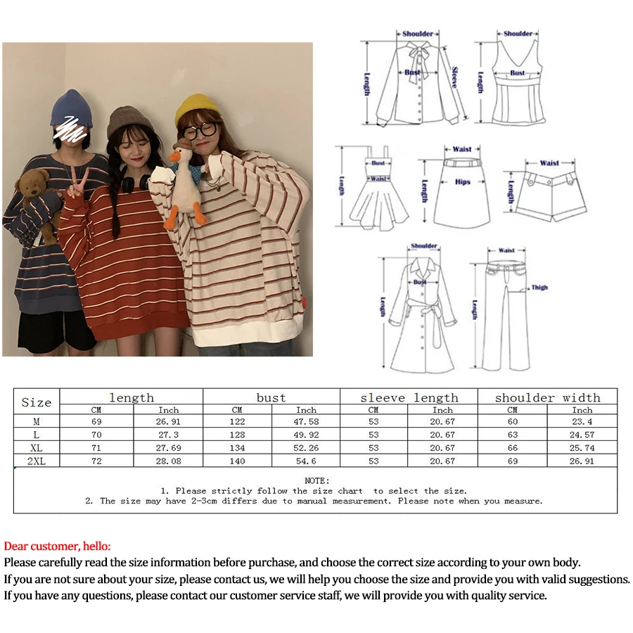 

Korean Striped Print Women's T-Shirt Stylish Loose Long Sleeve Round Neck Teeswomen College Style Plus Size Spring Tops Ladies