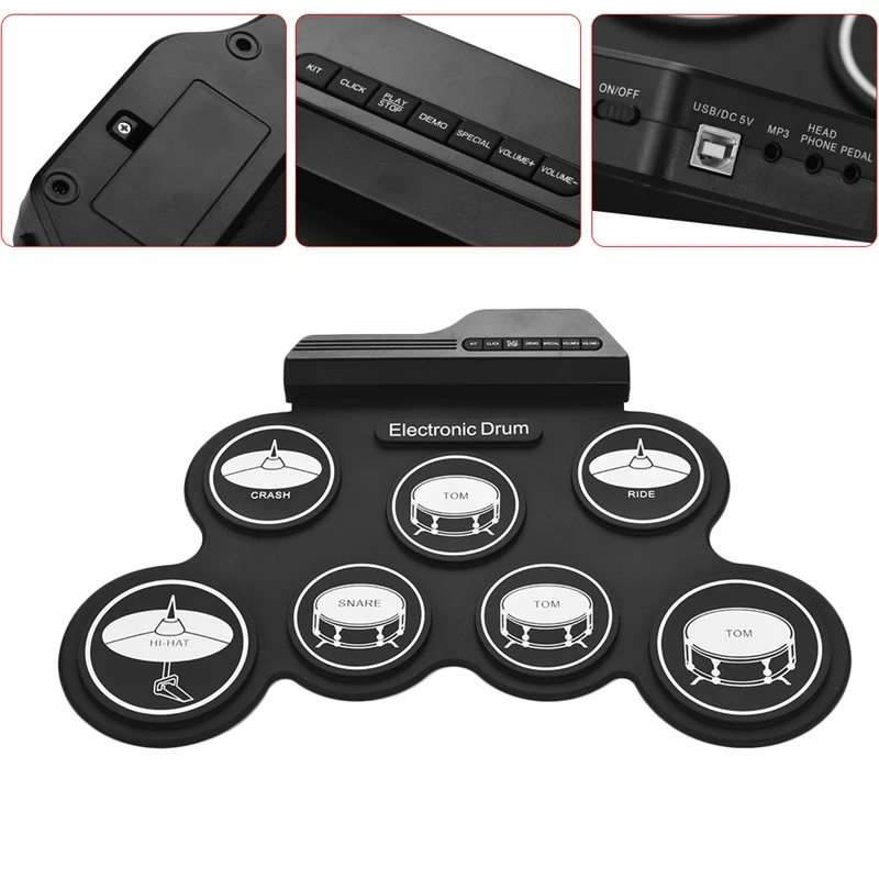 Compact Size Usb Roll-Up Silicon Drum Set Digital Electronic Kit 7 Pads With Drumsticks Foot Pedals For Beginners | Спорт и