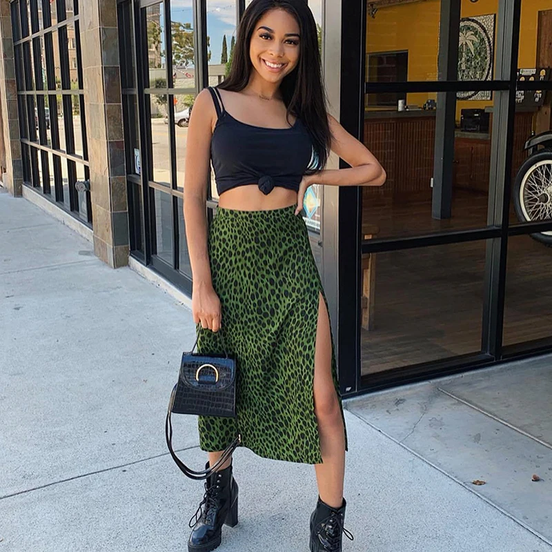 

Vintage Green Leopard Print Skirts Women High Waist Casual Long Lace-up Wrap Midi Clothes Sexy Summer Slit Beach Falda
