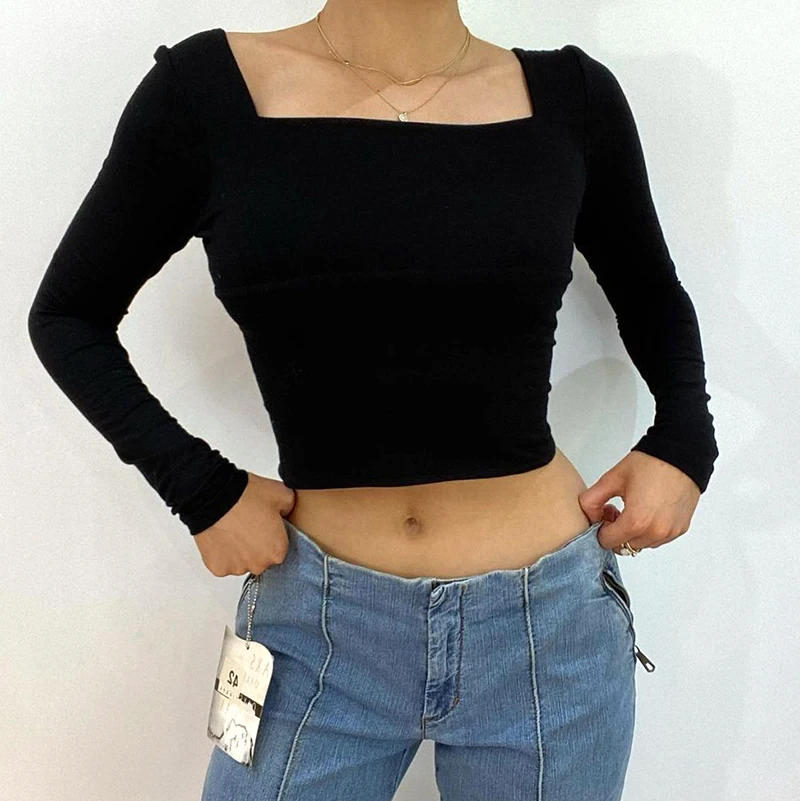 

Spring Summer Women Backless T-shirt Sexy Solid Color Long Sleeve Square Collar Slim Crop Tops Tee