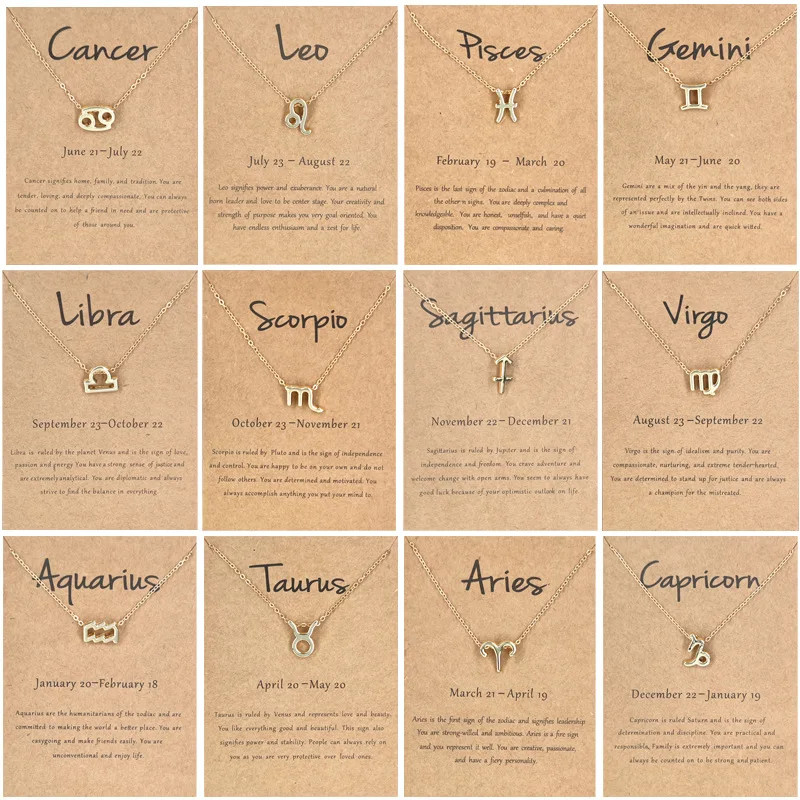 

12 constellation Charm Gold Necklace Zodiac chain alloy Card Necklace Aries Aquarius charm jewelry for women and men