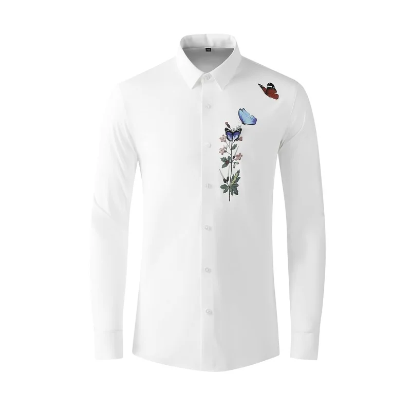 

2021 summer new men's fit seamless shirt stretch butterfly ice silk men's clothing vintage longsleeve shirt for men Business