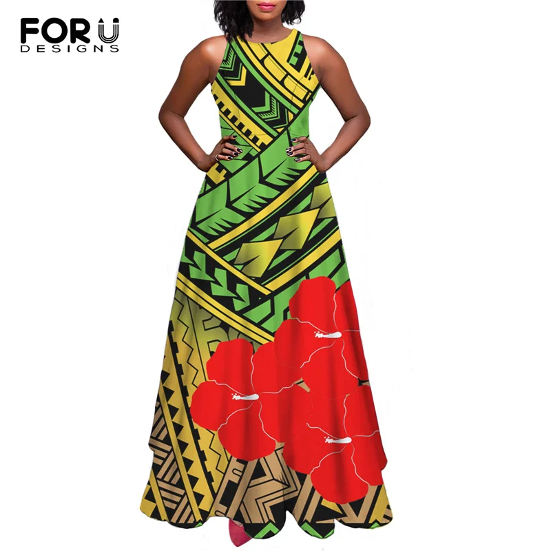 

FORUSEDIGNS Women's Long Dresses Polynesian Red Hibiscus Printed Sleeveless Dress Party Beach Dress Plus Size Women Clothing