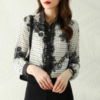 elegant autumn women shirt fashion lace stitching turn down neck long sleeve black office ladies tops blouse female work 2021