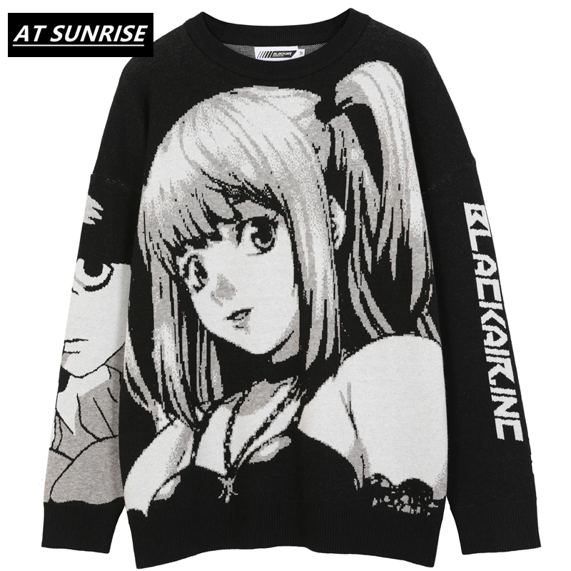 Pánský hip hop streetwear, svetr harajuku, retro retro japonský styl s anime dívkou, pletený svetr, podzimní bavlněný svetr