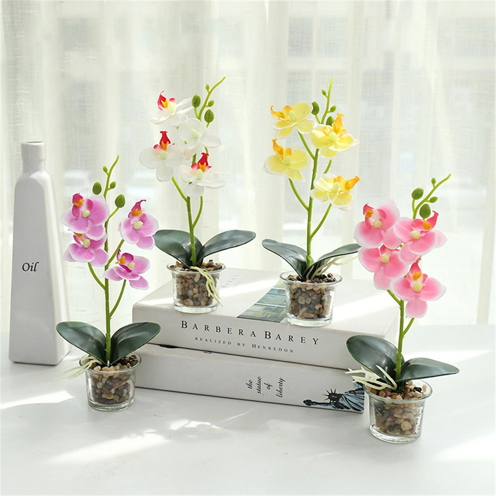 

Phalaenopsis Flower Bonsai Artificial Flowers Mini Artificial Butterfly Orchid With Leaves Silk Fake Flowers Home Party Decor