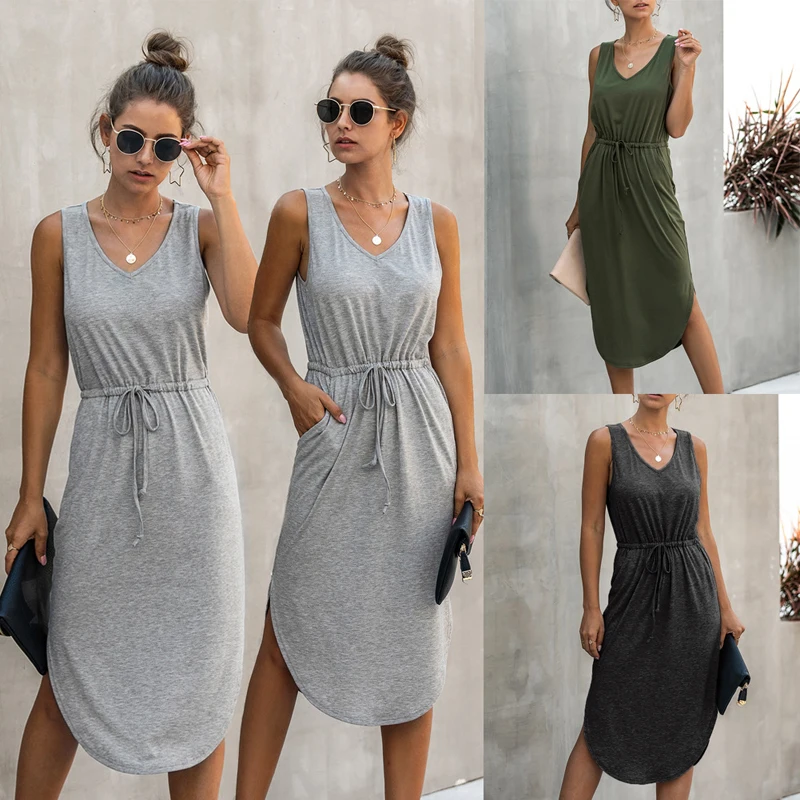 Женское летнее платье без рукавов Lossky повседневное однотонное простое